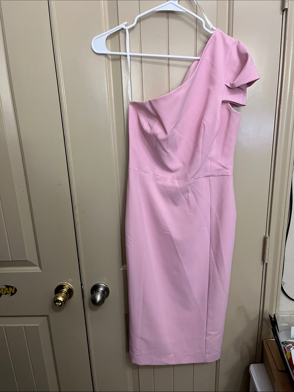 Black Halo One-Shoulder Ruffle Sheath Dress in Light Pink